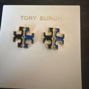Tory Burch Gold and Blue Logo Stud Earrings